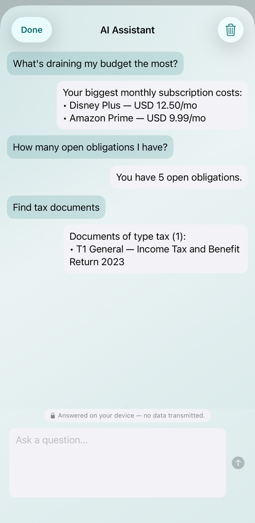 On-device AI assistant answering a question